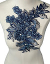 Blue 3D flower with crystal center  lace applique