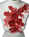 Red 3D flowers with crystal center lace appliqué with sequin