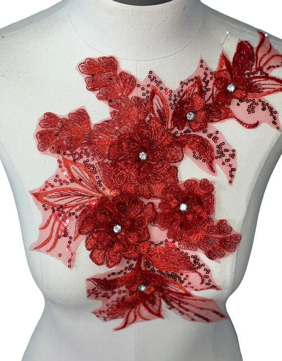 Red 3D flowers with crystal center lace appliqué with sequin