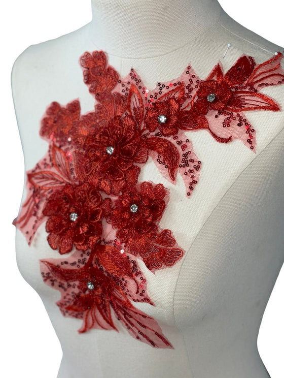 Red 3D flowers with crystal center lace appliqué with sequin