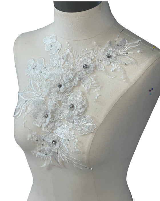 White 3D flowers with crystal center lace appliqué