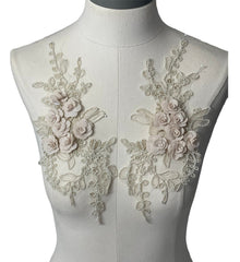  Cream colored 3D flowers appliqués with gold stitching