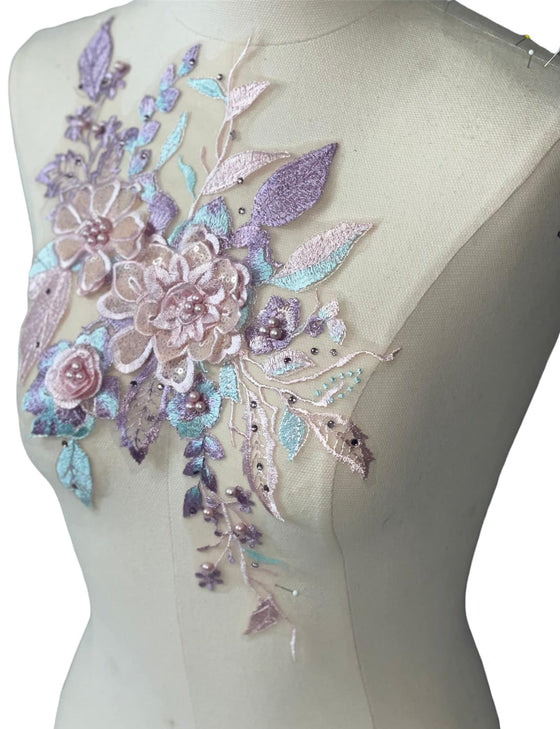 Pink/Lilac flowers multi color Lace embroidered appliqué with beads and rhinestones