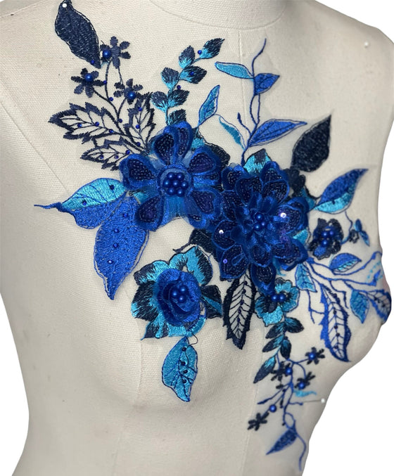 Royal Blue flowers multi color Lace embroidered appliqué with beads and rhinestones