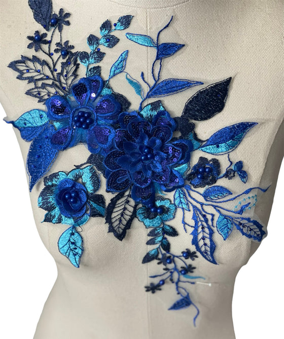 Royal Blue flowers multi color Lace embroidered appliqué with beads and rhinestones