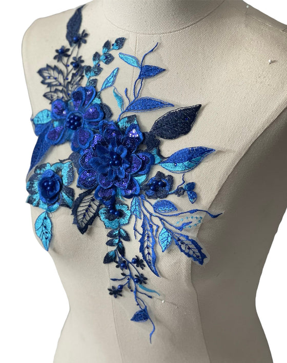 Royal Blue flowers multi color Lace embroidered appliqué with beads and rhinestones