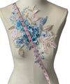 Blue flowers multi color Lace embroidered appliqué with beads and rhinestones