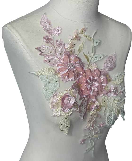 Large Pink flowers multi color Lace embroidered appliqué with beads and rhinestones