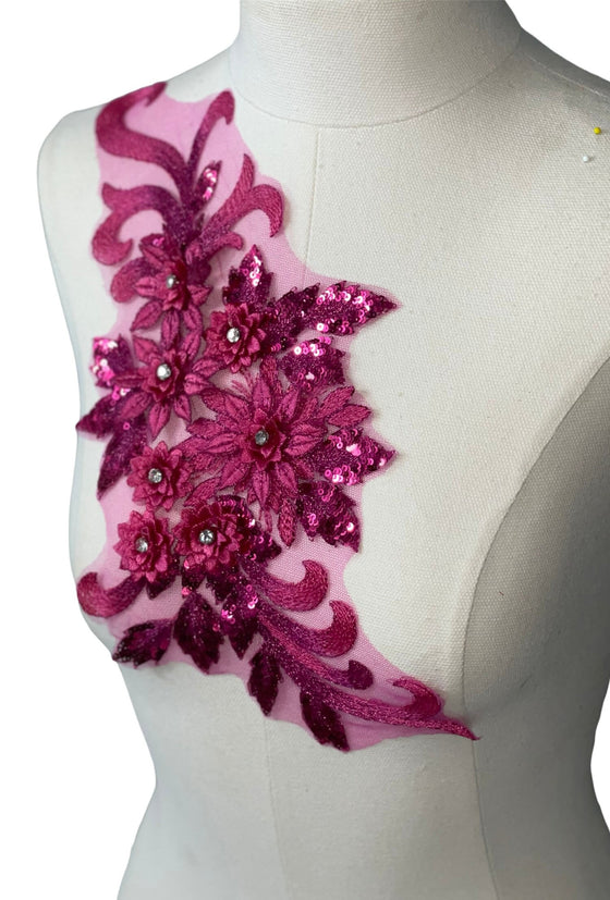 Fuchsia 3D floral appliqus with sequin multiple colors