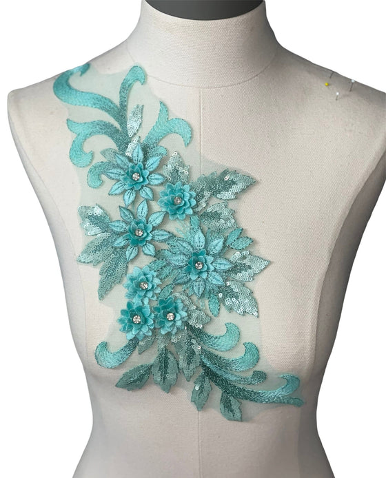 Mint Green 3D floral appliqués with sequin