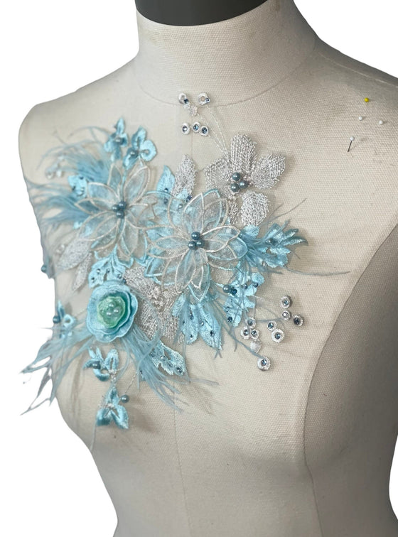 Ostrich Feather Blue 3D Flower Appliques with beads