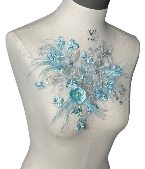 Ostrich Feather Blue 3D Flower Appliques with beads