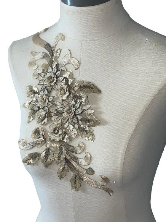 Gold 3D floral appliqués with sequin multiple colors