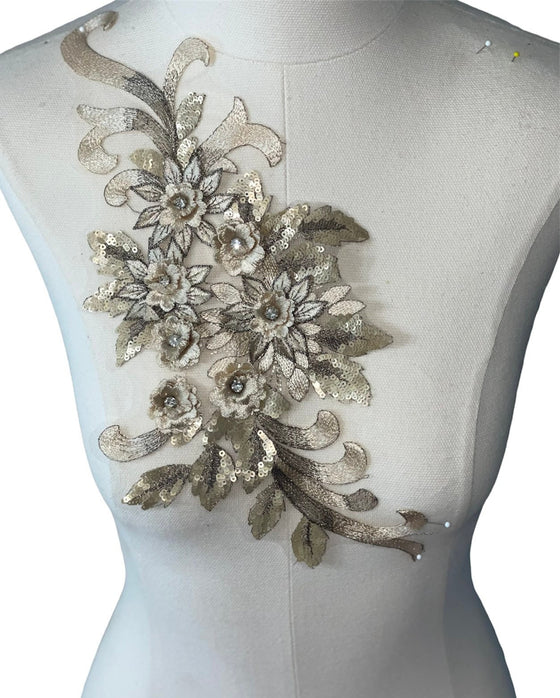 Gold 3D floral appliqués with sequin multiple colors