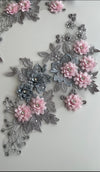 Pink and Gray 3D Flower appliqués with rhinestones