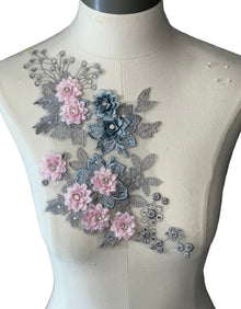  Pink and Gray 3D Flower appliqués with rhinestones