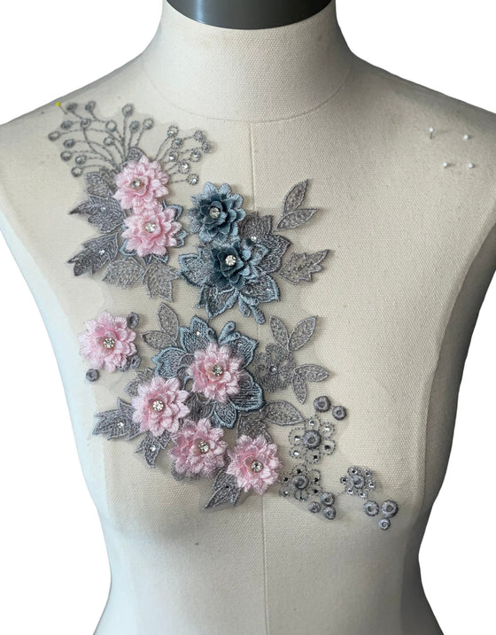 Pink and Gray 3D Flower appliqués with rhinestones