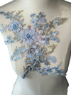 Blue Pink Gold 3D Floral Applique with Beads