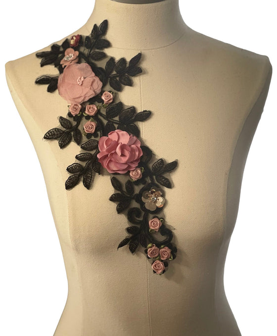 3D flowers black lace Appliqus Single or Pairs