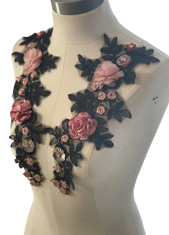 3D flowers black lace Appliqus Single or Pairs