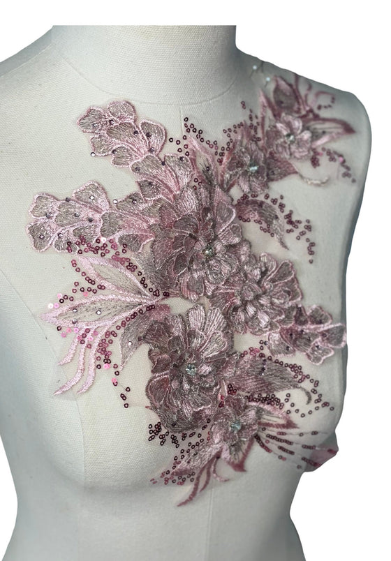 Pink 3D flower with crystal center lace applique #146-917