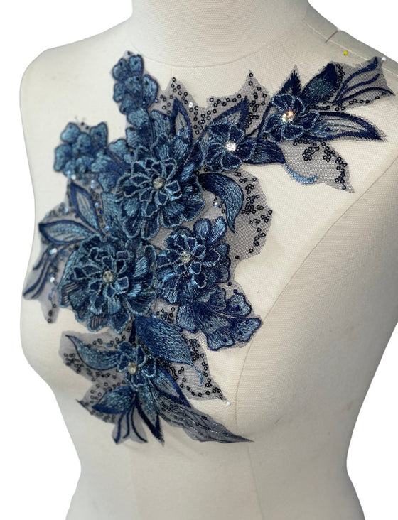 Blue 3D flower with crystal center  lace applique