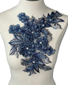 Blue 3D flower with crystal center  lace applique