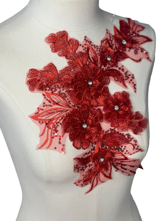 Red 3D flowers with crystal center lace appliqué with sequin