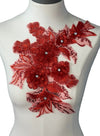 Red 3D flowers with crystal center lace appliqué with sequin