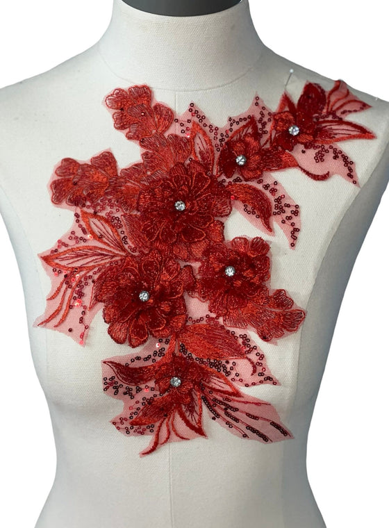 Red 3D flowers with crystal center lace appliqué with sequin