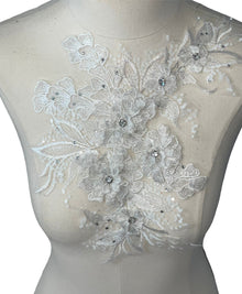  White 3D flowers with crystal center lace appliqué