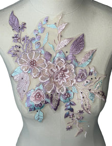  Pink/Lilac flowers multi color Lace embroidered appliqué with beads and rhinestones