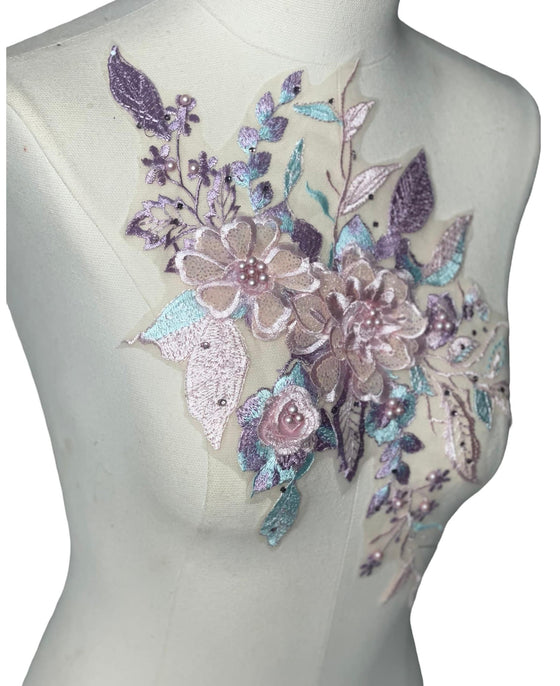 Pink/Lilac flowers multi color Lace embroidered appliqué with beads and rhinestones