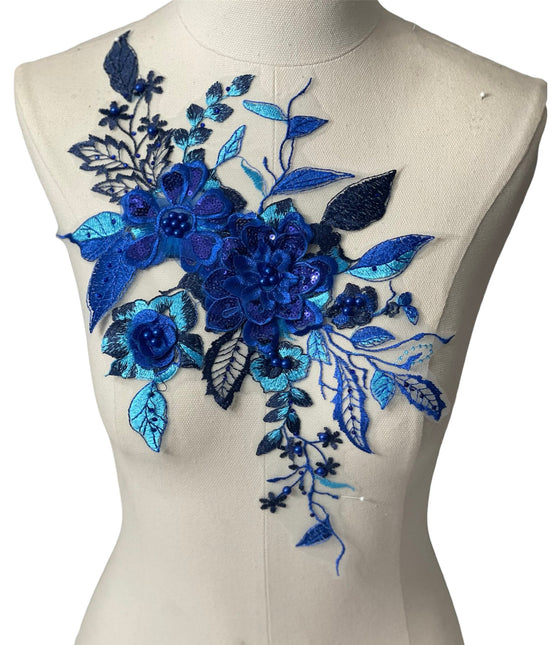 Royal Blue flowers multi color Lace embroidered appliqué with beads and rhinestones