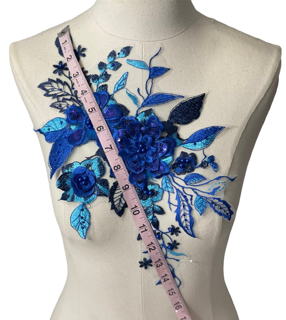 Royal Blue flowers multi color Lace embroidered appliqué with beads and rhinestones