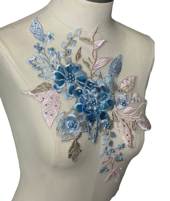 Blue flowers multi color Lace embroidered appliqué with beads and rhinestones