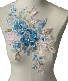  Blue flowers multi color Lace embroidered appliqué with beads and rhinestones