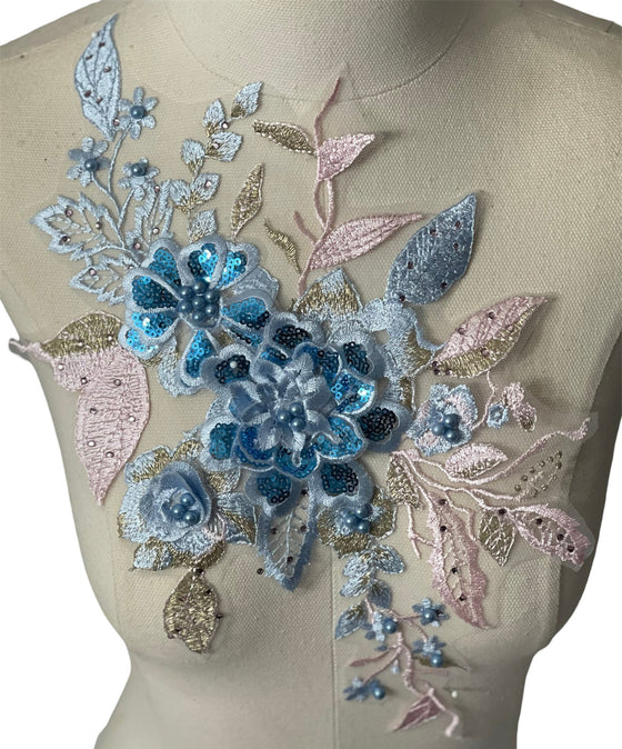 Blue flowers multi color Lace embroidered appliqué with beads and rhinestones