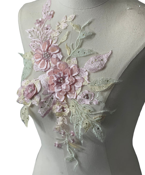 Large Pink flowers multi color Lace embroidered appliqué with beads and rhinestones