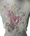 Large Pink flowers multi color Lace embroidered appliqué with beads and rhinestones