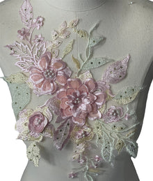  Large Pink flowers multi color Lace embroidered appliqué with beads and rhinestones