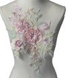 Large Pink flowers multi color Lace embroidered appliqué with beads and rhinestones