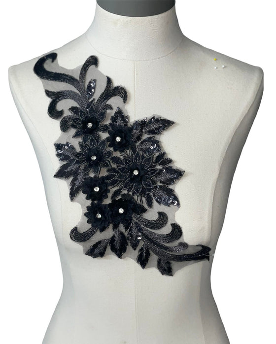 Black 3D floral appliqués with sequin multiple colors