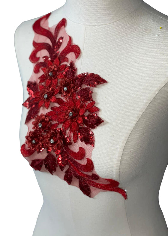 Red 3D floral appliqués with sequin