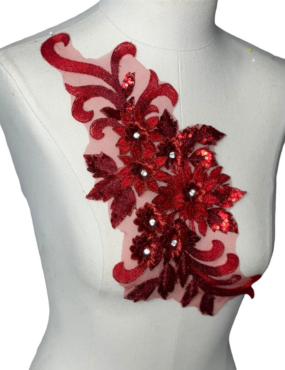 Red 3D floral appliqués with sequin