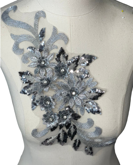 Grey Silver 3D floral appliqués with sequin