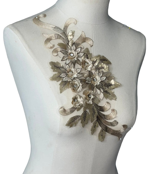 Gold 3D floral appliqués with sequin multiple colors