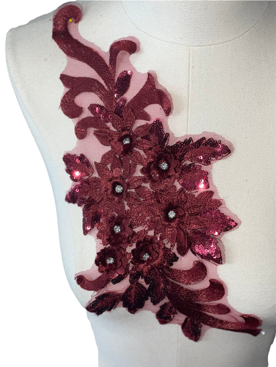 Wine Red 3D floral appliqués with sequin multiple colors