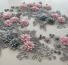 Pink and Gray 3D Flower appliqués with rhinestones