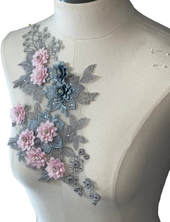 Pink and Gray 3D Flower appliqués with rhinestones